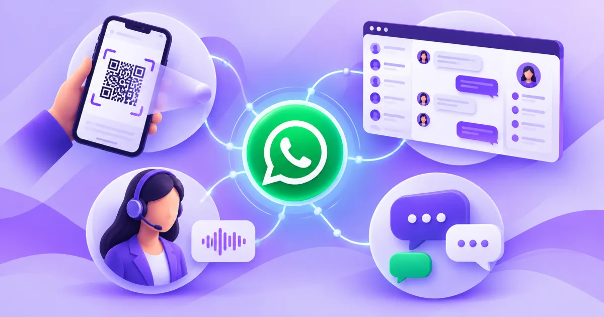 رسم توضيحي يظهر ربط واتساب للأعمال بنظام محادثات عبر مسح رمز QR مع صندوق وارد موحّد