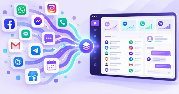 رسم توضيحي يظهر عدة برامج متفرقة تندمج في منصة واحدة أنيقة