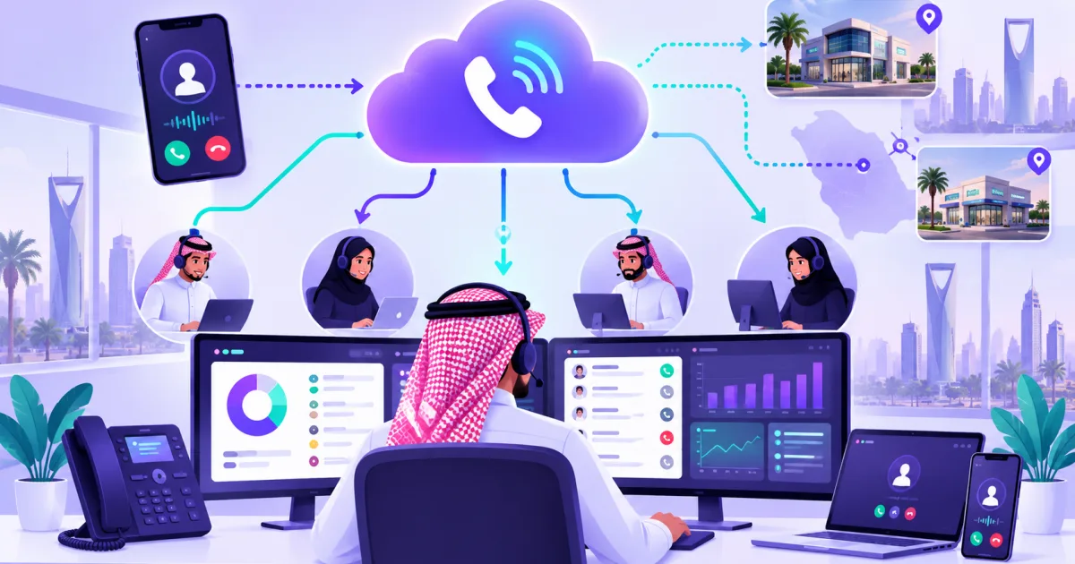 رسم توضيحي لمركز اتصال سحابي يظهر توزيع المكالمات وشاشة مراقبة حيّة وربط الفروع