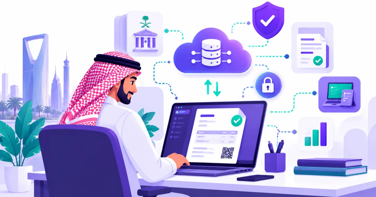 صورة توضيحية لمنشأة سعودية صغيرة تستخدم الفوترة الإلكترونية على حاسوب، مع أيقونات تعكس الامتثال والربط التقني.