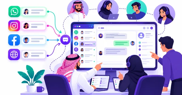 رسم توضيحي لمنصة محادثات موحدة تجمع أيقونات واتساب وإنستغرام وفيسبوك والموقع في صندوق وارد واحد