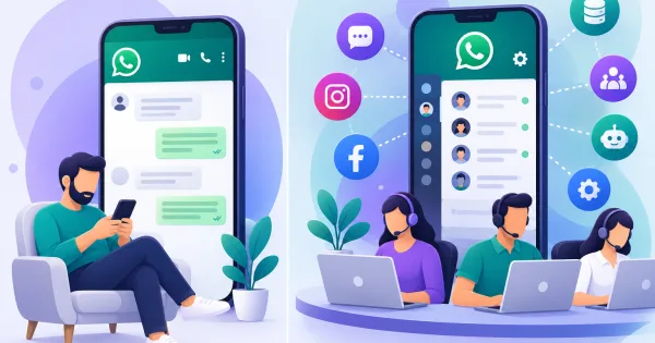 رسم توضيحي يقارن بين تطبيق واتساب للأعمال وواجهة API مع أيقونات تعبيرية