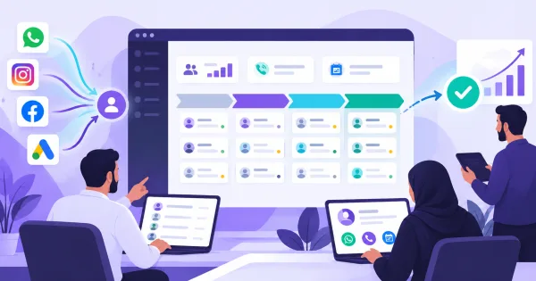 لوحة تحكم رقمية تعرض مراحل إدارة العملاء المحتملين من المصدر إلى الإغلاق مع أيقونات تواصل