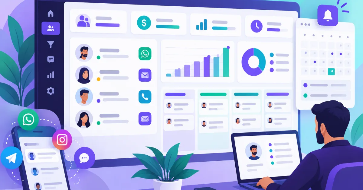رسم توضيحي لنظام CRM للشركات الصغيرة يظهر لوحة تحكم مع عملاء ومبيعات